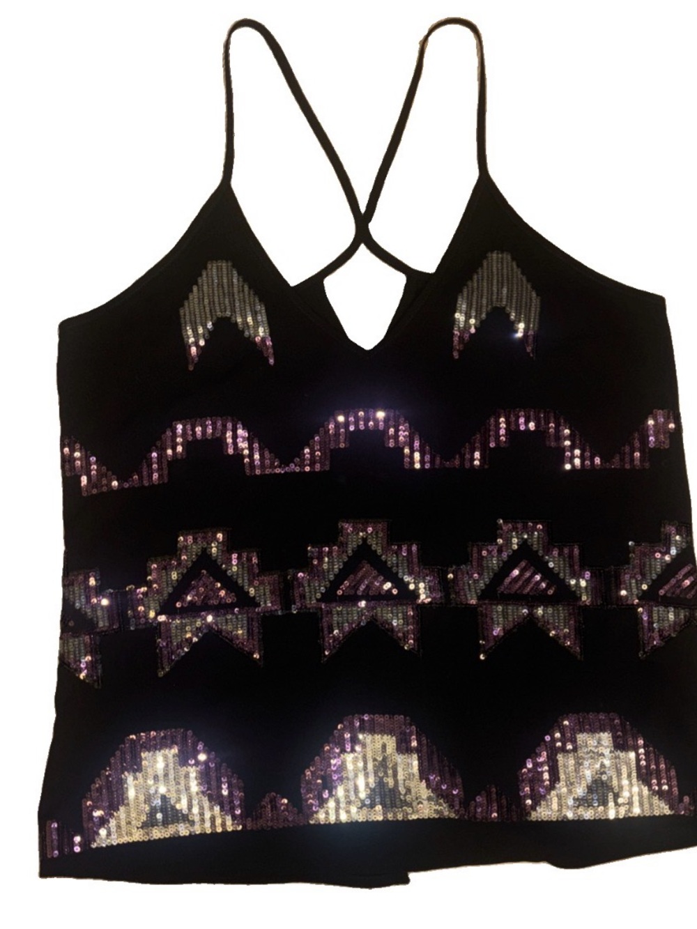 RBL Womens Black Sequin Geometric Cami Top V-Neck Strappy Tank Large RT5328